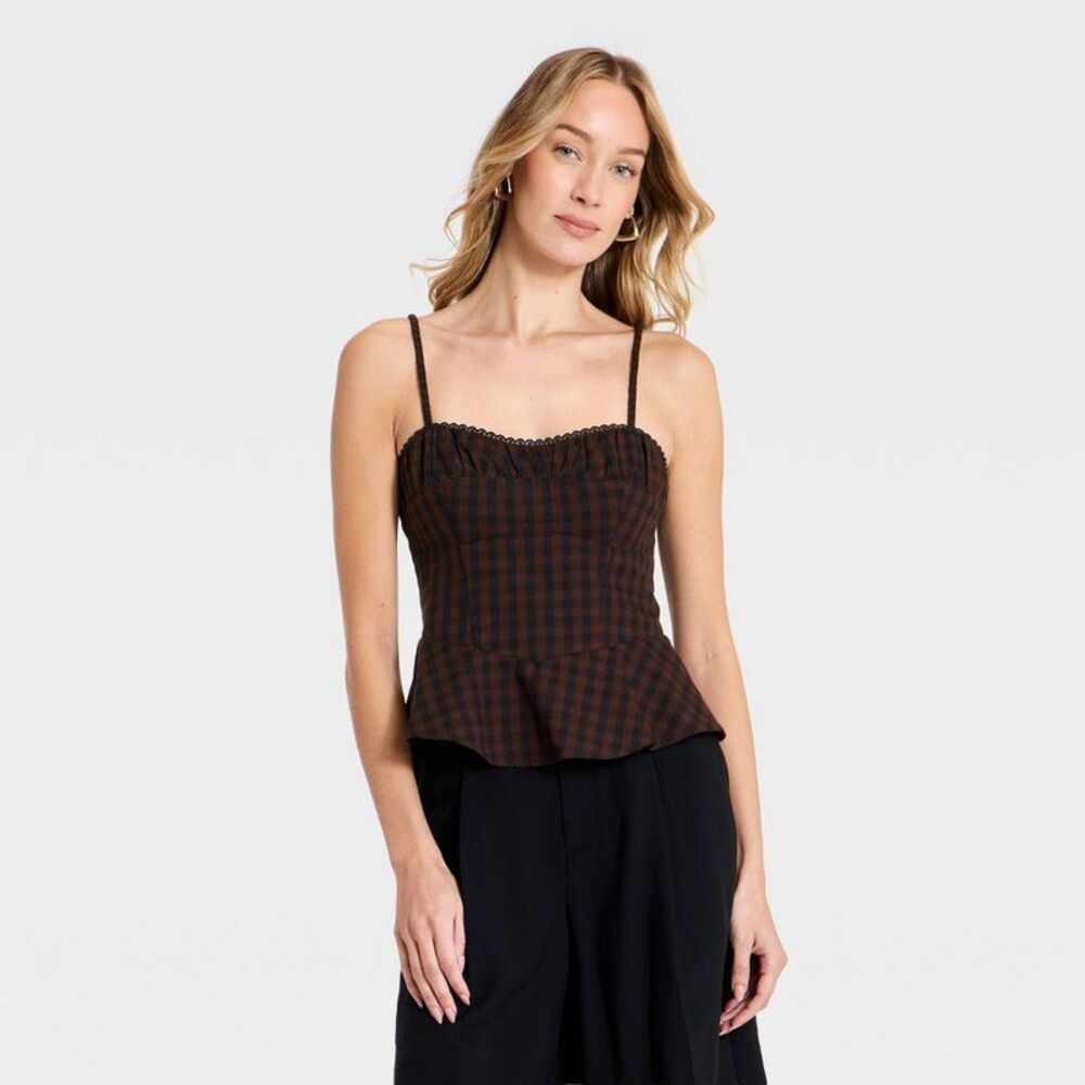 Women's Corset Trim Tank Top - A New Day Black/Brown Check L